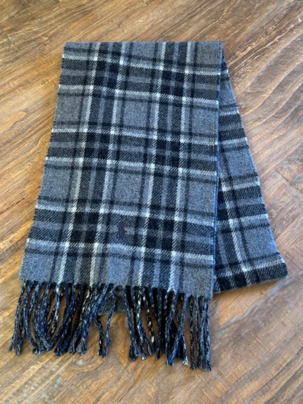 Polo Ralph Lauren Reversible Wool Tartan Plaid Scarf Gray White Made In Italy